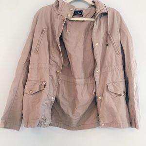 Taupe army jacket with distressed gold hardware